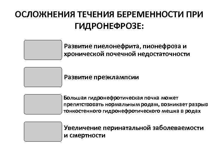 ОСЛОЖНЕНИЯ ТЕЧЕНИЯ БЕРЕМЕННОСТИ ПРИ ГИДРОНЕФРОЗЕ: Развитие пиелонефрита, пионефроза и хронической почечной недостаточности Развитие преэклампсии