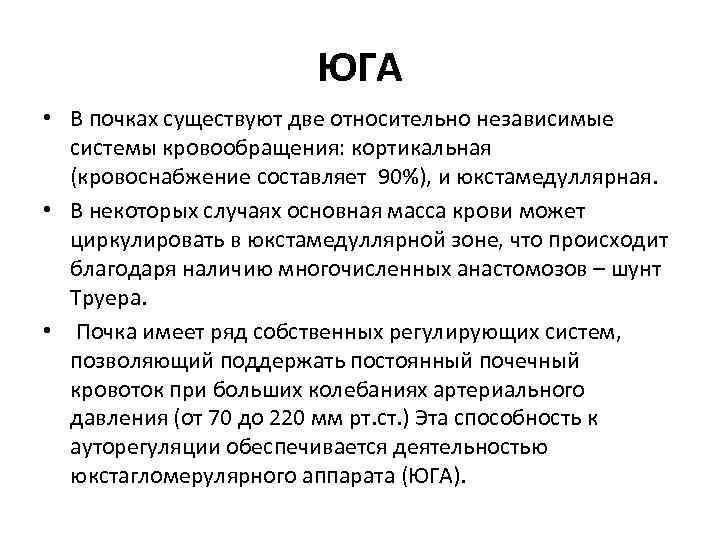 ЮГА • В почках существуют две относительно независимые системы кровообращения: кортикальная (кровоснабжение составляет 90%),