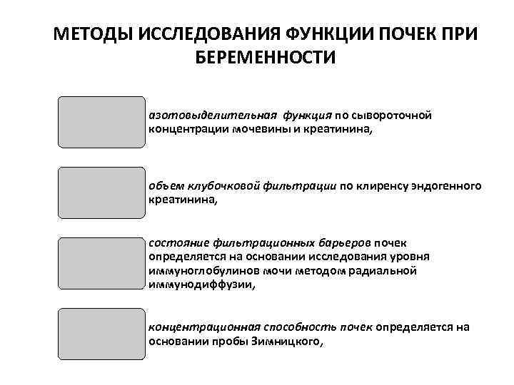 МЕТОДЫ ИССЛЕДОВАНИЯ ФУНКЦИИ ПОЧЕК ПРИ БЕРЕМЕННОСТИ азотовыделительная функция по сывороточной концентрации мочевины и креатинина,