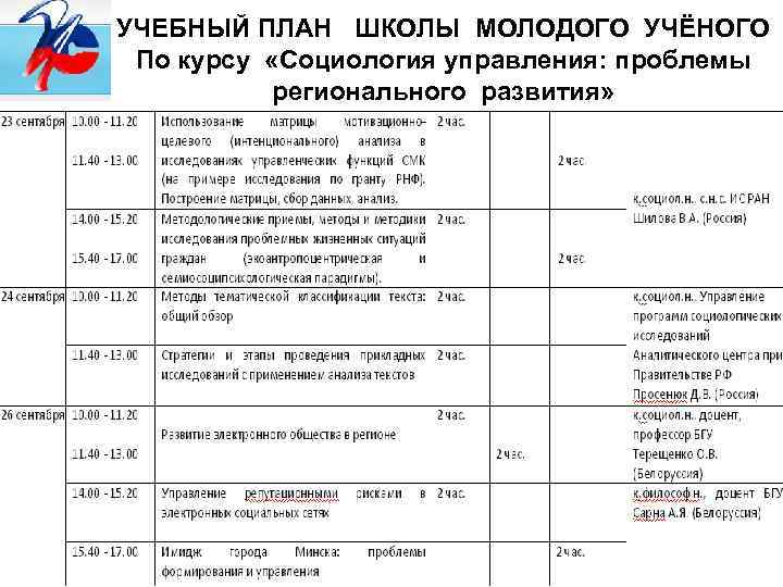 УЧЕБНЫЙ ПЛАН ШКОЛЫ МОЛОДОГО УЧЁНОГО По курсу «Социология управления: проблемы регионального развития» 