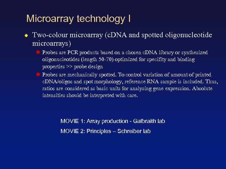 Microarray technology I Two-colour microarray (c. DNA and spotted oligonucleotide microarrays) Probes are PCR