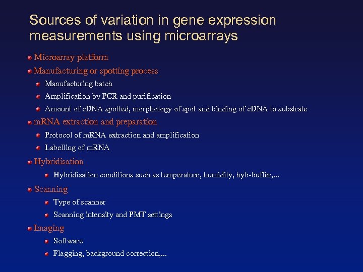 Sources of variation in gene expression measurements using microarrays Microarray platform Manufacturing or spotting