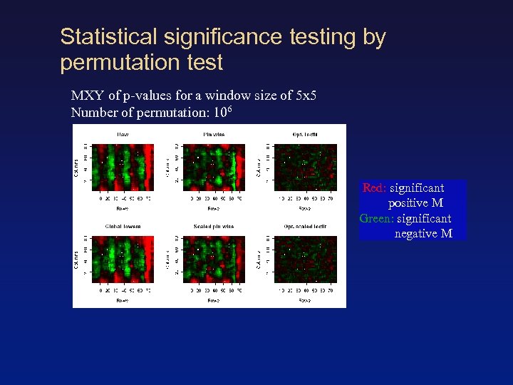 Statistical significance testing by permutation test MXY of p-values for a window size of
