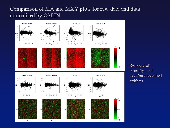 Comparison of MA and MXY plots for raw data and data normalised by OSLIN