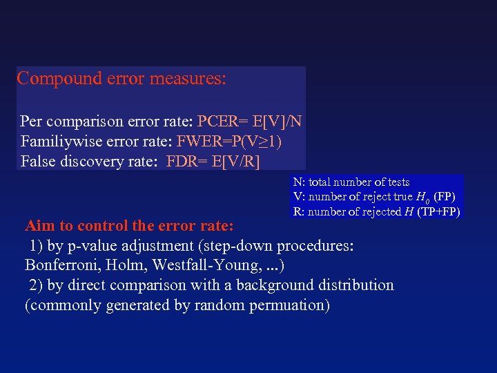 Compound error measures: Per comparison error rate: PCER= E[V]/N Familiywise error rate: FWER=P(V≥ 1)