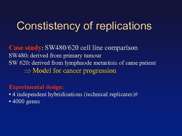 Constistency of replications Case study: SW 480/620 cell line comparison SW 480: derived from