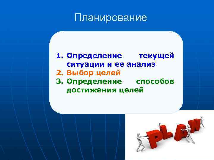 Планирование 1. Определение текущей ситуации и ее анализ 2. Выбор целей 3. Определение способов