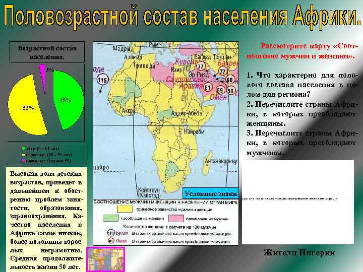 Рассмотрите карту «Соотношение мужчин и женщин» . Возрастной состав населения. 1. Что характерно для