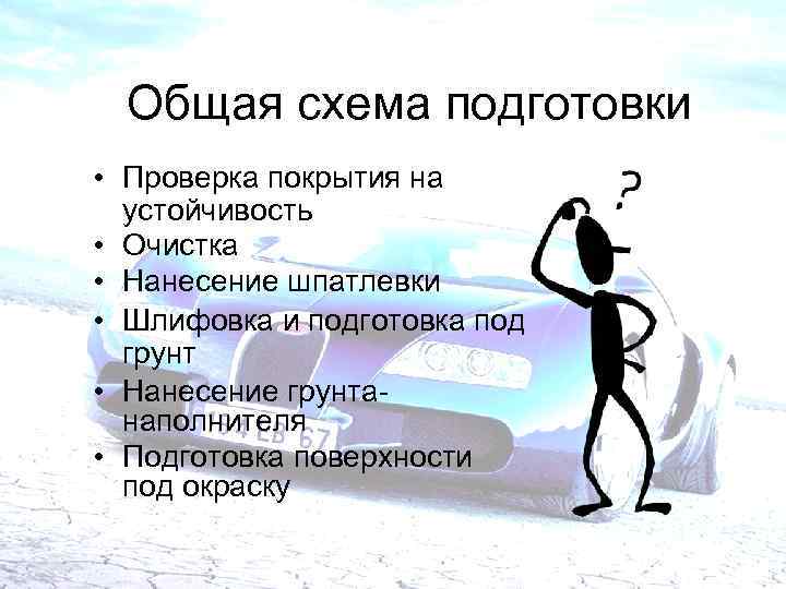 Общая схема подготовки • Проверка покрытия на устойчивость • Очистка • Нанесение шпатлевки •