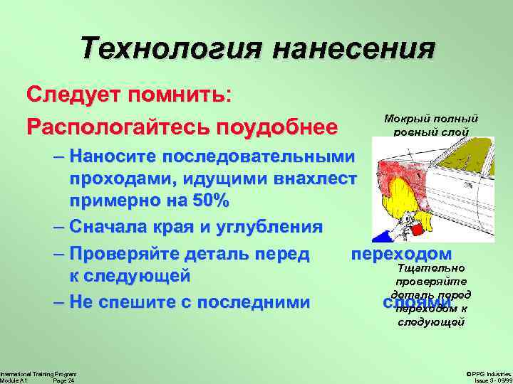 Технология нанесения Следует помнить: Распологайтесь поудобнее Мокрый полный ровный слой – Наносите последовательными проходами,