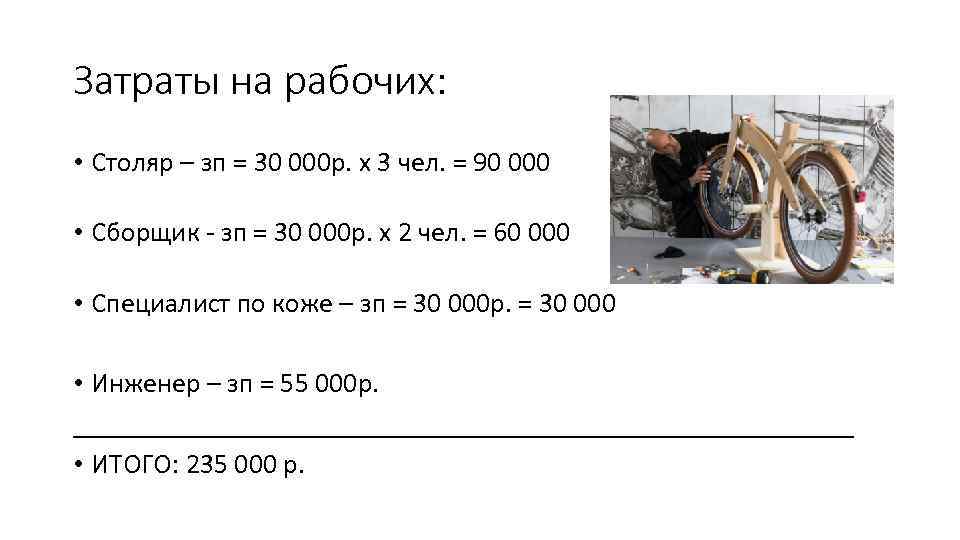 Затраты на рабочих: • Столяр – зп = 30 000 р. х 3 чел.