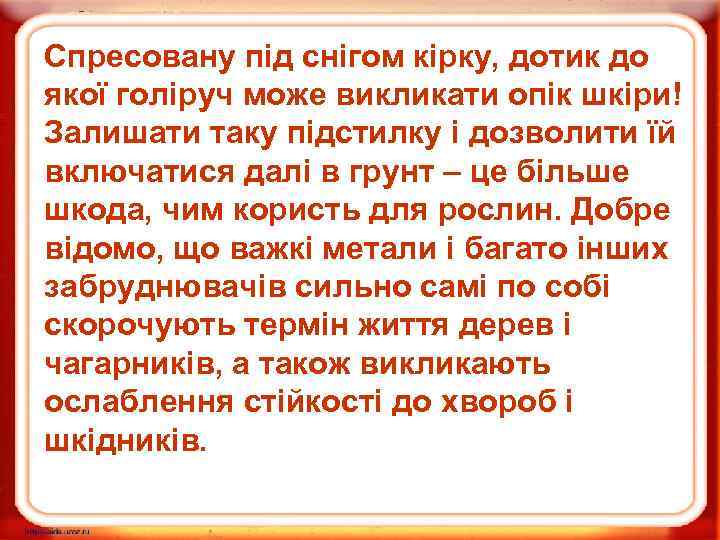 Спресовану під снігом кірку, дотик до якої голіруч може викликати опік шкіри! Залишати таку