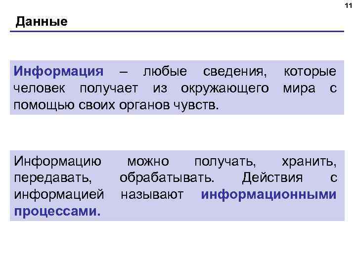 11 Данные Информация – любые сведения, которые человек получает из окружающего мира с помощью