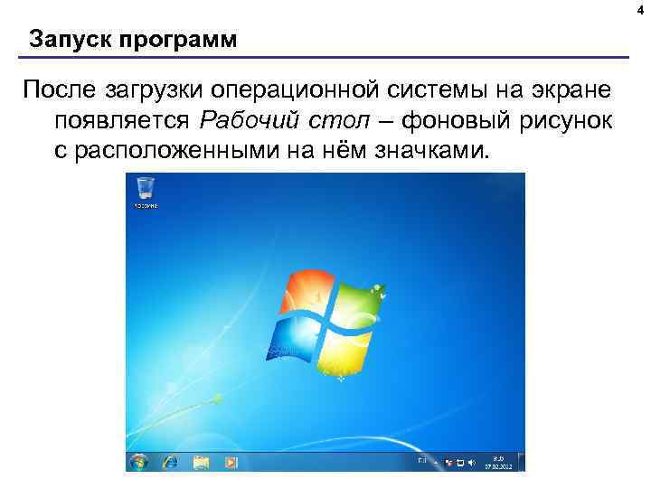 4 Запуск программ После загрузки операционной системы на экране появляется Рабочий стол – фоновый