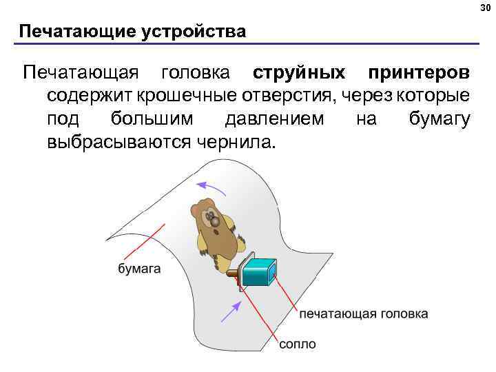 30 Печатающие устройства Печатающая головка струйных принтеров содержит крошечные отверстия, через которые под большим