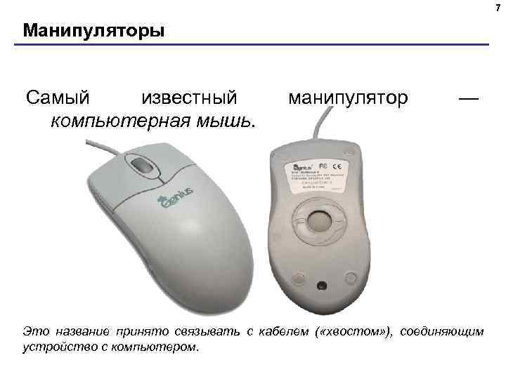7 Манипуляторы Самый известный компьютерная мышь. манипулятор — Это название принято связывать с кабелем