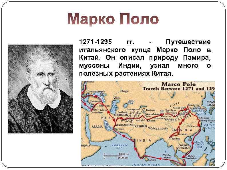 1271 -1295 гг. Путешествие итальянского купца Марко Поло в Китай. Он описал природу Памира,