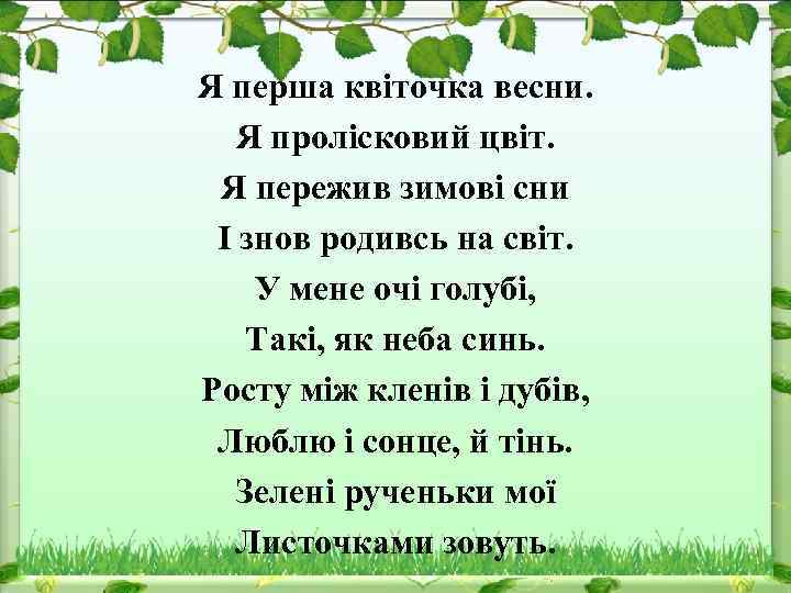 Я перша квіточка весни. Я пролісковий цвіт. Я пережив зимові сни І знов родивсь