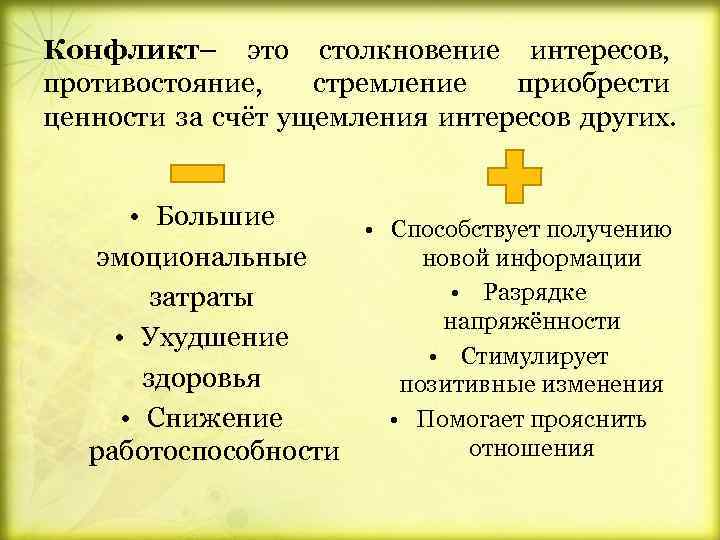 Конфликт– это столкновение интересов, противостояние, стремление приобрести ценности за счёт ущемления интересов других. •