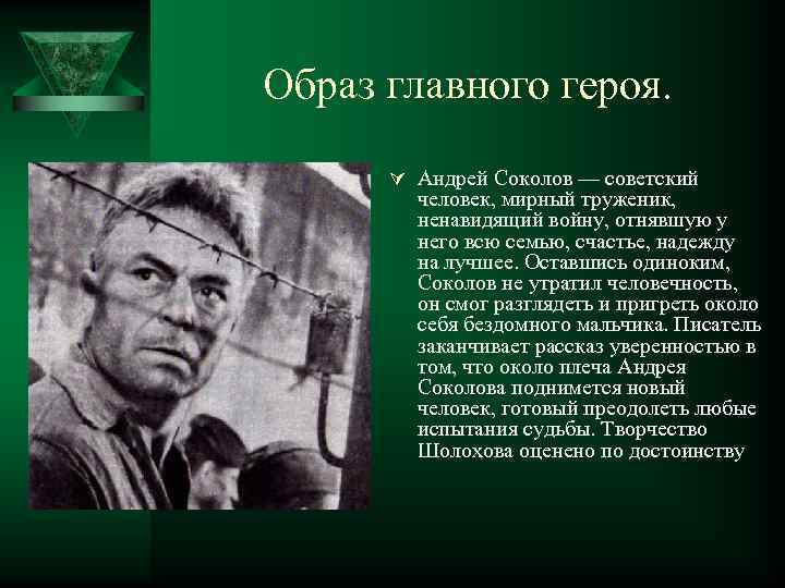 Образ главного героя. Ú Андрей Соколов — советский человек, мирный труженик, ненавидящий войну, отнявшую