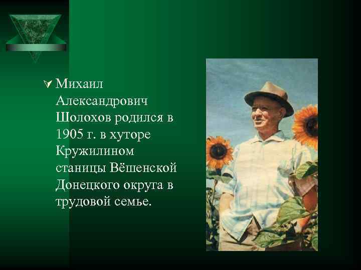 Ú Михаил Александрович Шолохов родился в 1905 г. в хуторе Кружилином станицы Вёшенской Донецкого