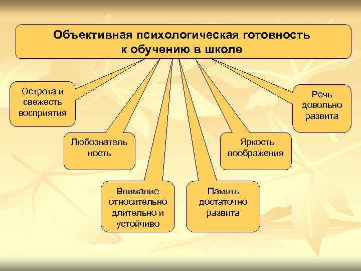 Объективная психологическая готовность к обучению в школе Острота и свежесть восприятия Речь довольно развита