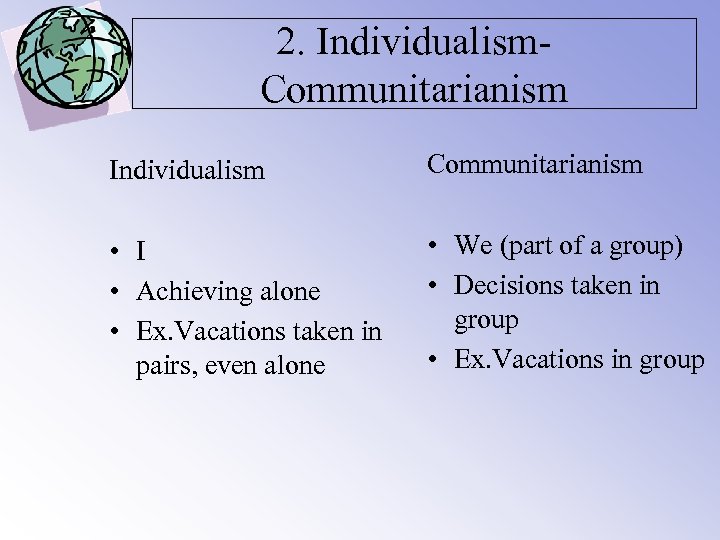 2. Individualism. Communitarianism Individualism Communitarianism • I • Achieving alone • Ex. Vacations taken