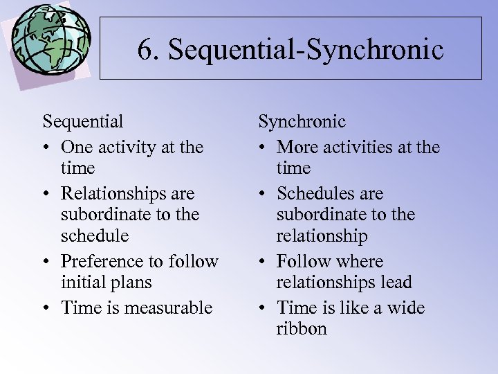 6. Sequential-Synchronic Sequential • One activity at the time • Relationships are subordinate to