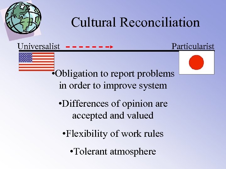 Cultural Reconciliation Universalist Particularist • Obligation to report problems in order to improve system