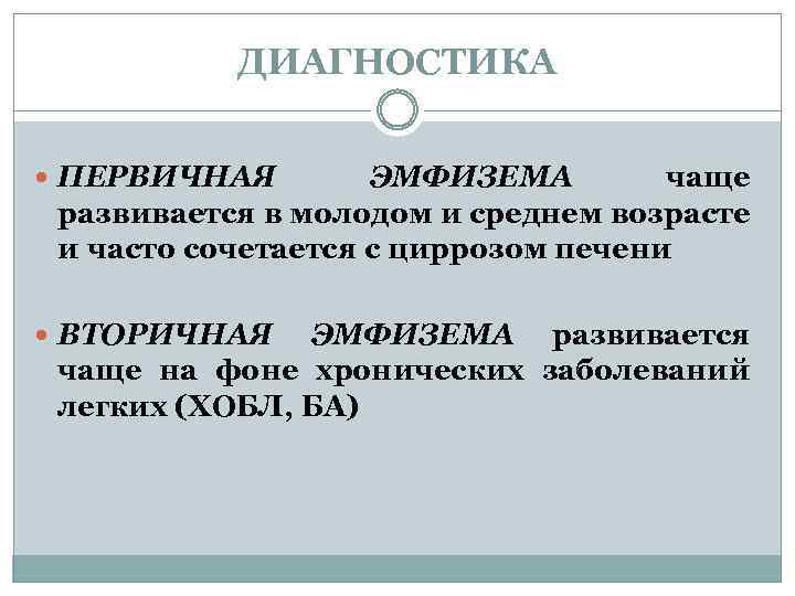 ДИАГНОСТИКА ПЕРВИЧНАЯ ЭМФИЗЕМА чаще развивается в молодом и среднем возрасте и часто сочетается с