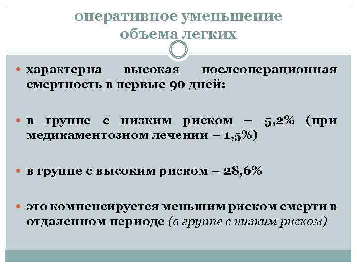 оперативное уменьшение объема легких характерна высокая послеоперационная смертность в первые 90 дней: в группе