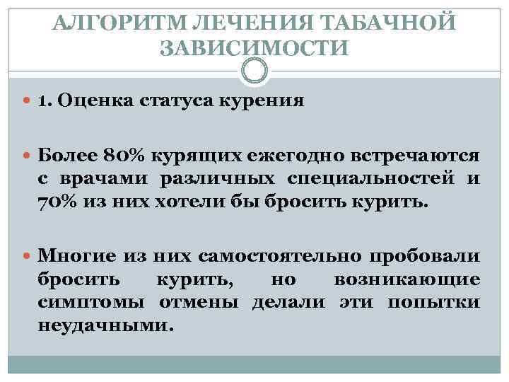 АЛГОРИТМ ЛЕЧЕНИЯ ТАБАЧНОЙ ЗАВИСИМОСТИ 1. Оценка статуса курения Более 80% курящих ежегодно встречаются с
