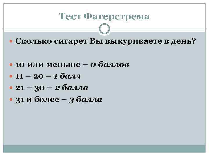 Тест Фагерстрема Сколько сигарет Вы выкуриваете в день? 10 или меньше – 0 баллов