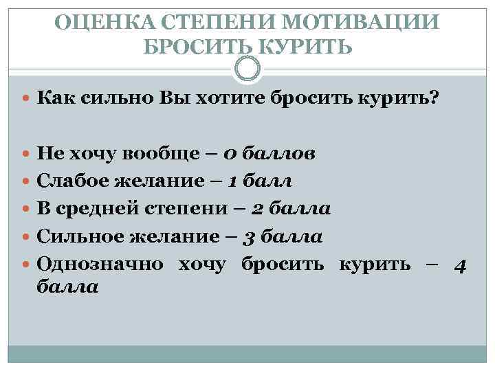 ОЦЕНКА СТЕПЕНИ МОТИВАЦИИ БРОСИТЬ КУРИТЬ Как сильно Вы хотите бросить курить? Не хочу вообще