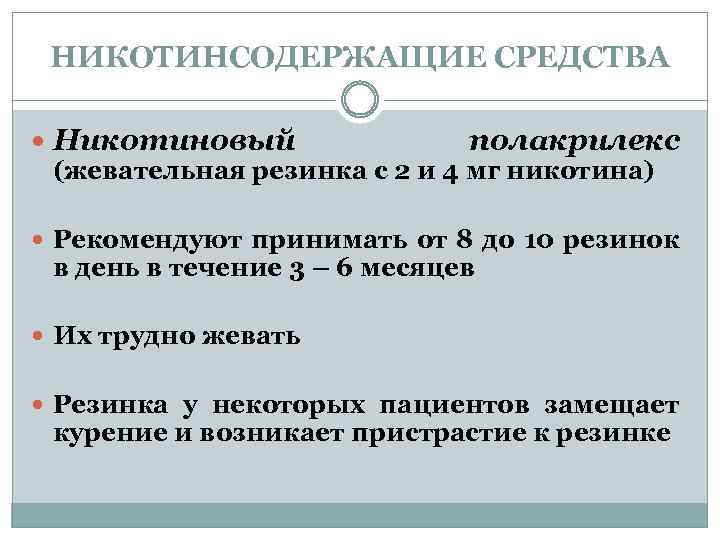 НИКОТИНСОДЕРЖАЩИЕ СРЕДСТВА Никотиновый полакрилекс (жевательная резинка с 2 и 4 мг никотина) Рекомендуют принимать