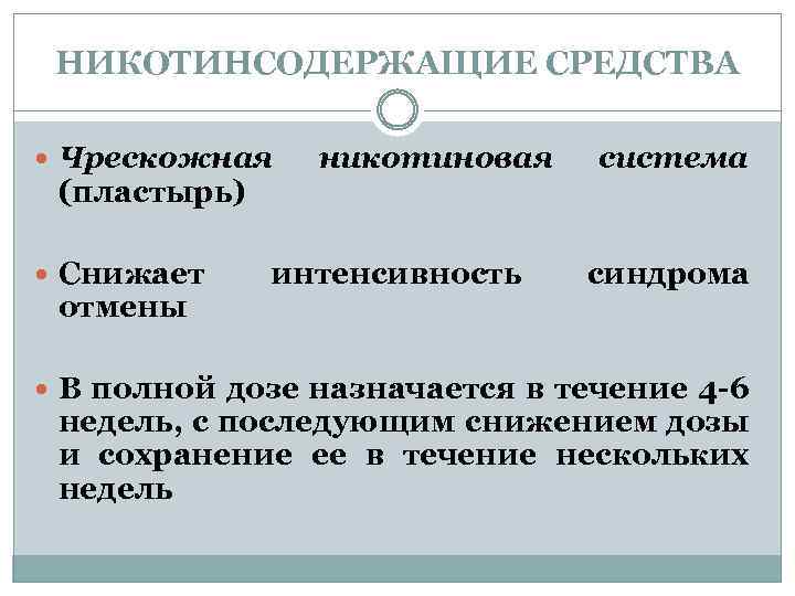 НИКОТИНСОДЕРЖАЩИЕ СРЕДСТВА Чрескожная (пластырь) Снижает отмены никотиновая интенсивность система синдрома В полной дозе назначается