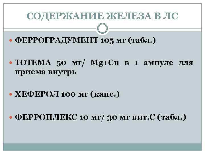 СОДЕРЖАНИЕ ЖЕЛЕЗА В ЛС ФЕРРОГРАДУМЕНТ 105 мг (табл. ) ТОТЕМА 50 мг/ Mg+Cu в