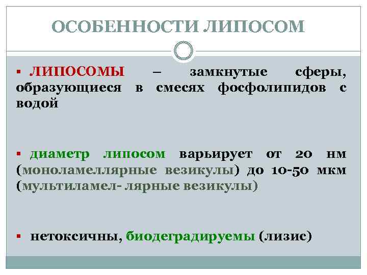 ОСОБЕННОСТИ ЛИПОСОМ § ЛИПОСОМЫ – замкнутые сферы, образующиеся в смесях фосфолипидов с водой §