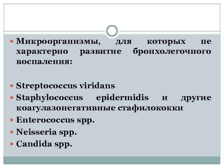  Микроорганизмы, характерно воспаления: для которых не развитие бронхолегочного Streptococcus viridans Staphylococcus epidermidis и