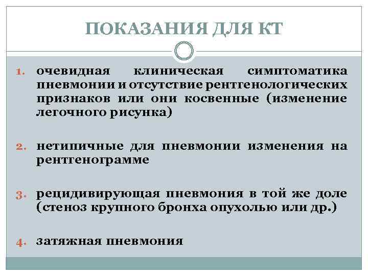 ПОКАЗАНИЯ ДЛЯ КТ 1. очевидная клиническая симптоматика пневмонии и отсутствие рентгенологических признаков или они