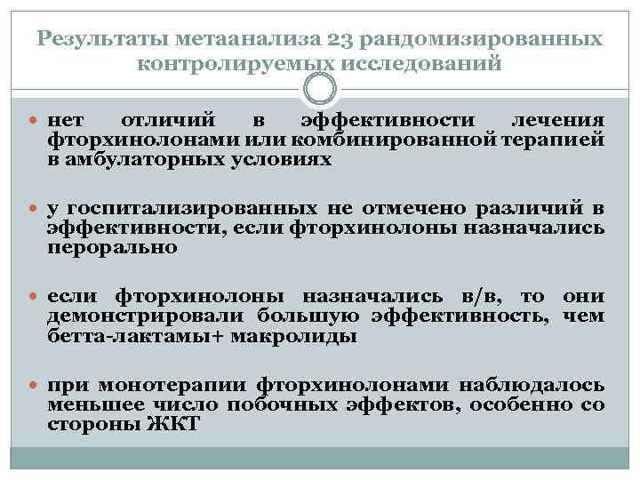 Результаты метаанализа 23 рандомизированных контролируемых исследований нет отличий в эффективности лечения фторхинолонами или комбинированной