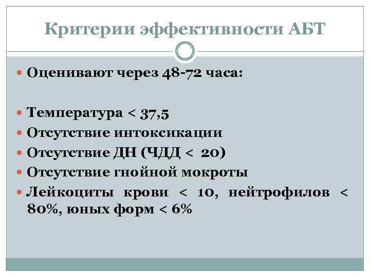 Критерии эффективности АБТ Оценивают через 48 -72 часа: Температура < 37, 5 Отсутствие интоксикации