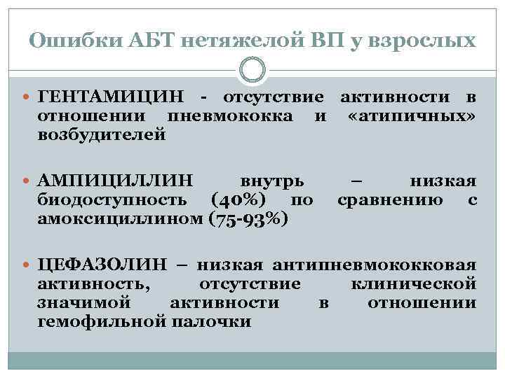 Ошибки АБТ нетяжелой ВП у взрослых ГЕНТАМИЦИН отношении возбудителей - отсутствие активности в пневмококка