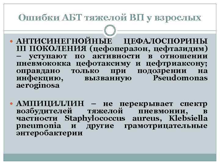 Ошибки АБТ тяжелой ВП у взрослых АНТИСИНЕГНОЙНЫЕ ЦЕФАЛОСПОРИНЫ III ПОКОЛЕНИЯ (цефоперазон, цефтазидим) – уступают