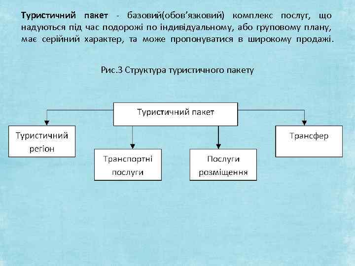 Туристичний пакет - базовий(обов’язковий) комплекс послуг, що надуються під час подорожі по індивідуальному, або