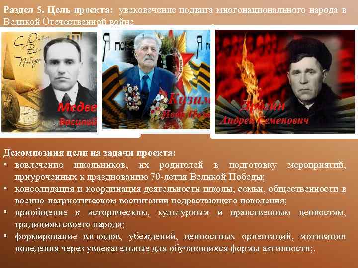 Раздел 5. Цель проекта: увековечение подвига многонационального народа в Великой Отечественной войне Декомпозиия цели