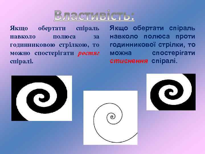 Якщо обертати спіраль навколо полюса за годинниковою стрілкою, то можно спостерігати ростяг спіралі. Якщо