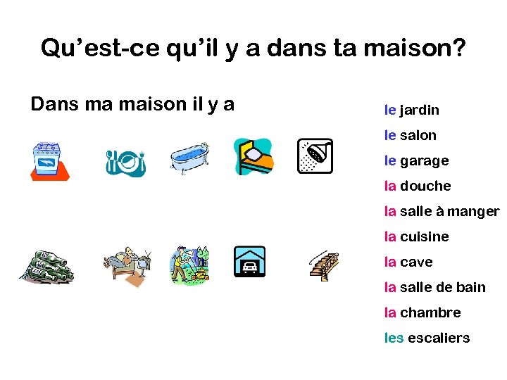 Qu’est-ce qu’il y a dans ta maison? Dans ma maison il y a le