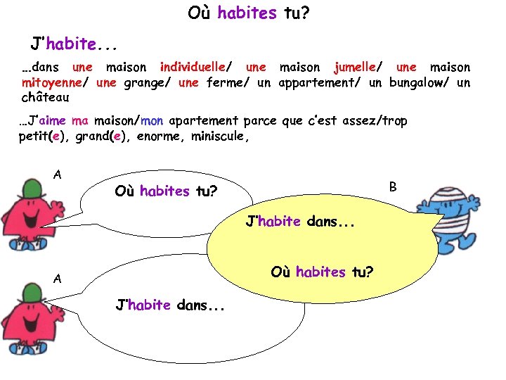 Où habites tu? J’habite. . . …dans une maison individuelle/ une maison jumelle/ une
