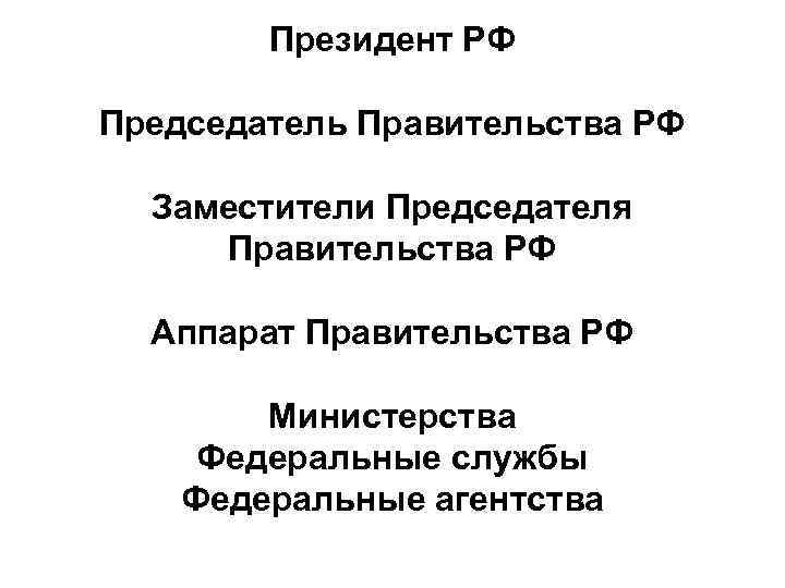 Президент РФ Председатель Правительства РФ Заместители Председателя Правительства РФ Аппарат Правительства РФ Министерства Федеральные